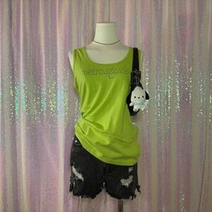 metrostyle Y2K Lime Green Bedazzled Logo Wifebeater Tank Top (M) ★
